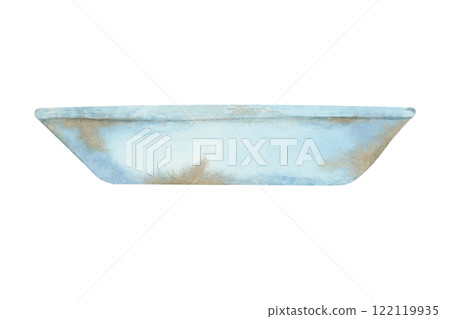 A light blue rustic bucket watercolor illustration. Farmhouse decor clipart. Great for garden decor prints, vintage-inspired merchandise, or projects with a countryside or outdoor theme. 122119935