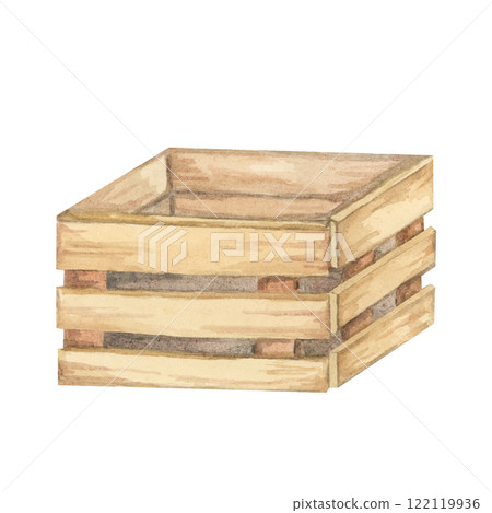 Wooden box of three wood planks. Rustic storage box clipart. Watercolor hand drawn illustration for farmhouse designs, gardening-themed merchandise, or rustic craft patterns for print and digital use Wooden box of three wood planks. Rustic storage box clipart. Watercolor hand drawn illustration for farmhouse designs, gardening-themed merchandise, or rustic craft patterns for print and digital use 122119936