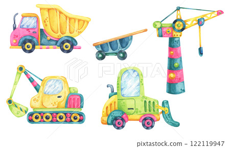 Bright construction vehicles. Toy cars. Pink dump truck, green forklift, yellow excavator, and colorful crane. Kids building site watercolor clipart. Ideal for baby nursery room designs, wall stickers 122119947