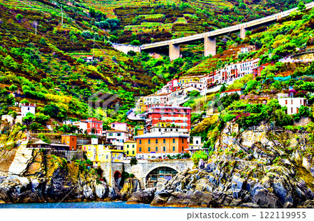 Views of the city of Riomaggiore from the boat, one of the Cinque Terre villages, La Spezia, Liguria-Italy 122119955