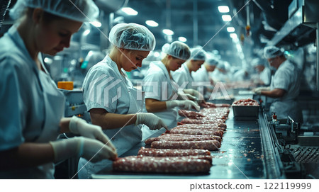 Workers process meat in a bustling plant during daytime operations 122119999