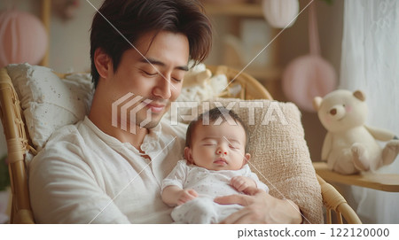 Young father cradles his sleeping baby in a cozy indoor setting while enjoying a peaceful moment together 122120000