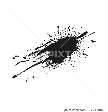 Black ink splatter in flat design. Splashing wet blot shape with drops. Vector illustration isolated. 122120022