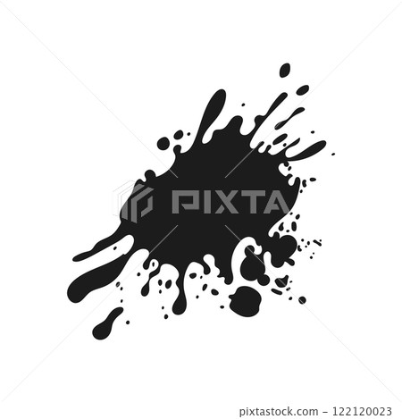 Black ink splatter in flat design. Messy grunge spatter shape with drops. Vector illustration isolated. 122120023