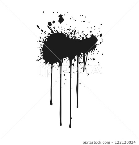 Black ink splatter in flat design. Messy paint stroke with fluids melt. Vector illustration isolated. 122120024