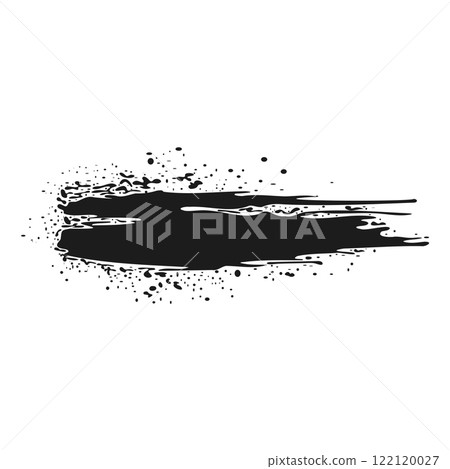 Black ink splatter in flat design. Dirty brush stroke with wet drops. Vector illustration isolated. 122120027