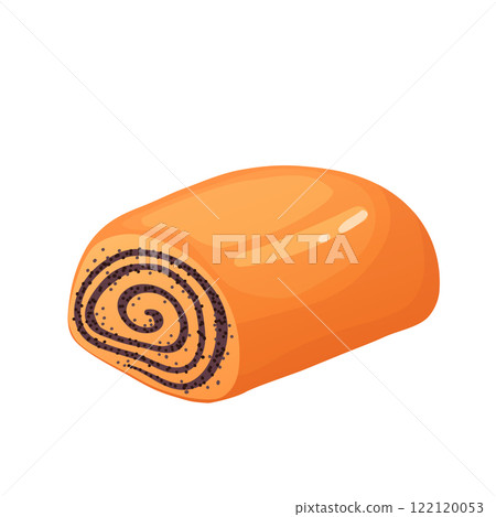 Poppy roll in flat design. Sweet seeds spiral cake, bakery dessert product. Vector illustration isolated. 122120053