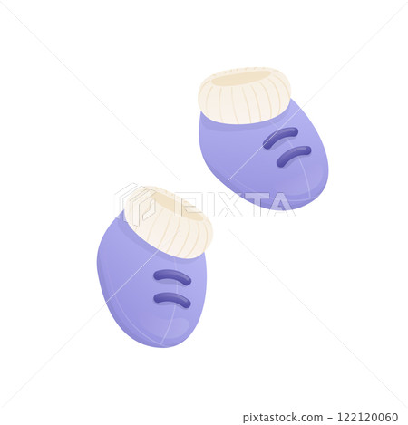 Blue baby booties in flat design. Small knitted shoes for newborn boy. Vector illustration isolated. 122120060