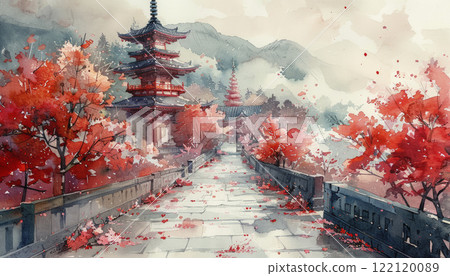Japanese landscape watercolor. AI generative 122120089