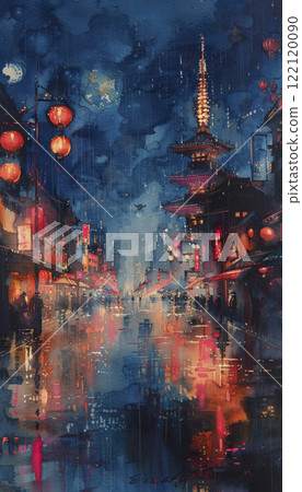 Japanese landscape watercolor. AI generative 122120090