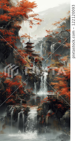 Japanese landscape watercolor. AI generative 122120093