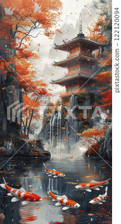 Japanese landscape watercolor. AI generative 122120094