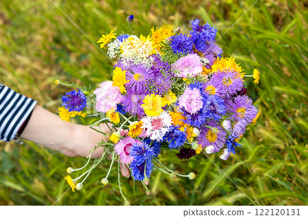 Vibrant bouquet of colorful wildflowers held against a lush green background Vibrant bouquet of colorful wildflowers held against a lush green background 122120131