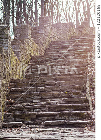 Stone stairs leading up through a wooded area with sunlight shining Stone stairs leading up through a wooded area with sunlight shining 122120168