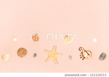 Starfish and shells on the sand as a background. Demonstrating color of 2025 year mocha mousse Starfish and shells on the sand as a background. Demonstrating color of 2025 year mocha mousse 122120313