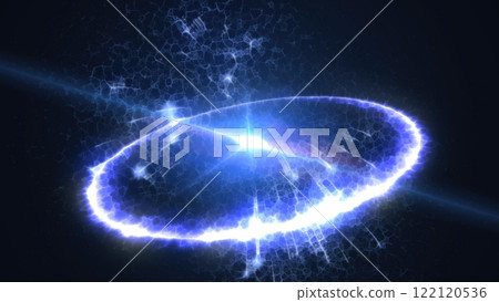 Bright white energy ring with electric texture on a blue gradient background. Futuristic and abstract digital art concept 122120536