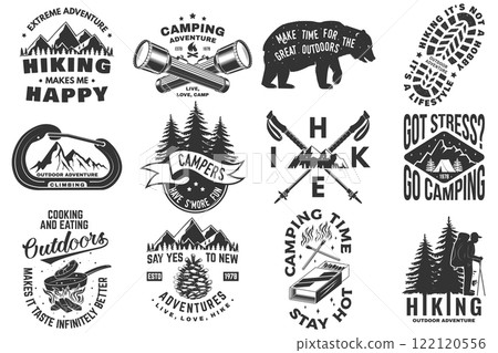 Set of hiking, climbing and camping related typographic quote. Vector. Concept for shirt or logo, print, stamp, sticker. Design with forest, mountains, hiker, axe and campfire 122120556