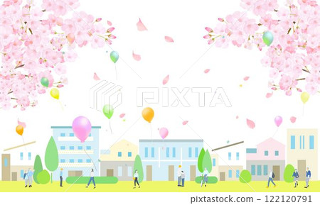 Cherry blossoms and balloons - cute cityscape and people walking landscape vector illustration spring background material 122120791