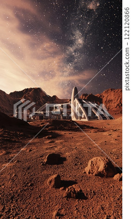 A futuristic Mars base under a stunning starry sky invites exploration and adventure A futuristic Mars base under a stunning starry sky invites exploration and adventure 122120866
