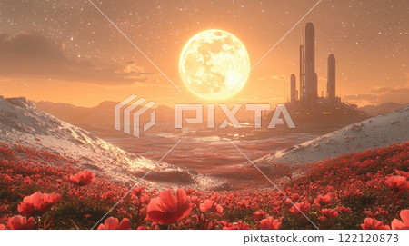 A Futuristic Landscape Featuring Blooming Flowers and a Large, Enchanting Moon Above 122120873