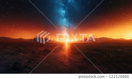 A futuristic city under a vibrant galactic sky, blending alien architecture, nature, and tech 122120880
