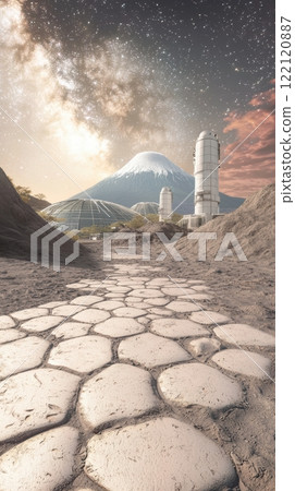 A captivating futuristic landscape featuring a grand mountain alongside imaginative space structures 122120887