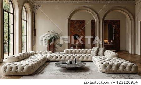 Stylish and Elegant Modern Living Room Featuring a Luxurious Sofa and Unique Artistic Decor 122120914