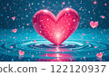 Illustration of pink glittery heart falling into blue water along with little hearts. Valentine's Day background card. Generated by AI. 122120937