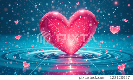 Illustration of pink glittery heart falling into blue water along with little hearts. Valentine's Day background card. Generated by AI. 122120937