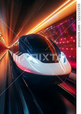 a high-speed futuristic driverless train glides along evening city, motion blur effect 122121038