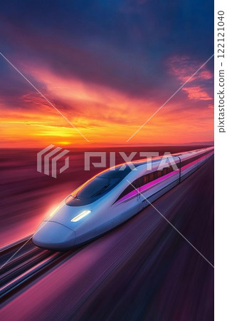 a high-speed futuristic driverless train glides along nature landscape, motion blur effect a high-speed futuristic driverless train glides along nature landscape, motion blur effect 122121040