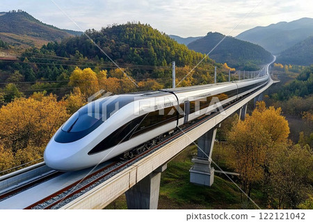 a high-speed futuristic driverless train glides along nature landscape, motion blur effect a high-speed futuristic driverless train glides along nature landscape, motion blur effect 122121042