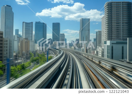 high-speed train travels through the city, view from the driver's cab high-speed train travels through the city, view from the driver's cab 122121043