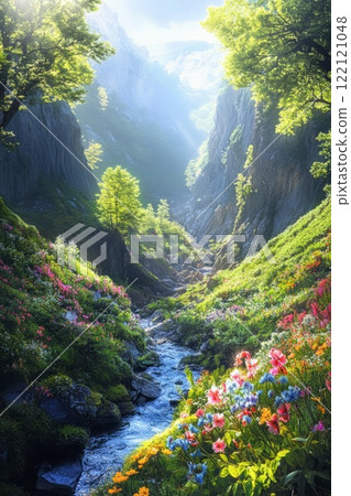 Deep gorge with a winding stream surrounded by flowering trees 122121048