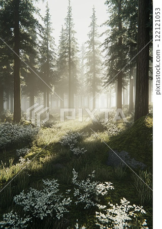 Dense forest with tall trees in haze, illuminated by the rays of the sun Dense forest with tall trees in haze, illuminated by the rays of the sun 122121053