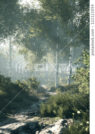 Dense forest with tall trees in haze, illuminated by the rays of the sun 122121054