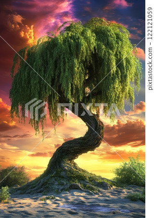 Massive acacia tree standing against a sandy landscape at sunset Massive acacia tree standing against a sandy landscape at sunset 122121059