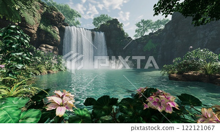 A powerful waterfall surrounded by dense tropical plants A powerful waterfall surrounded by dense tropical plants 122121067
