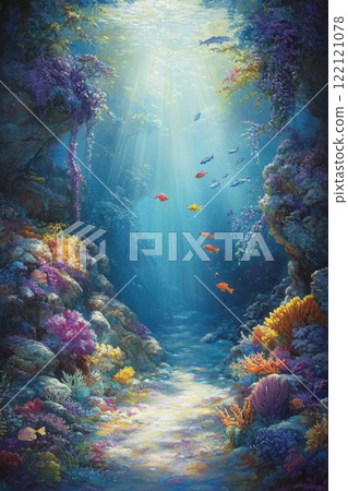 Underwater scene with bright corals and colorful fish, sunlight penetrates deep into the sea 122121078