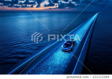 Futuristic car with illuminated design elements driving on a bridge over a body of water Futuristic car with illuminated design elements driving on a bridge over a body of water 122121089