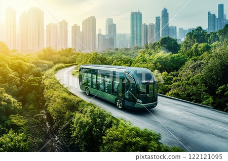 Futuristic bus with an aerodynamic design, illuminated by neon lights of a large city Futuristic bus with an aerodynamic design, illuminated by neon lights of a large city 122121095