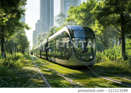 Futuristic tram with an aerodynamic design, illuminated by neon lights of a large city Futuristic tram with an aerodynamic design, illuminated by neon lights of a large city 122121096