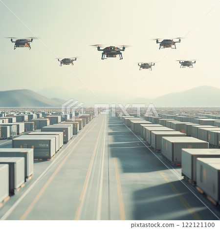 orderly rows of containers where drones fly to deliver goods. 122121100