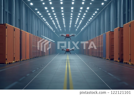 orderly rows of containers where drones fly to deliver goods. 122121101