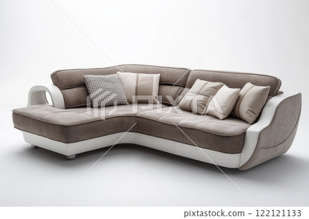 Modern corner sofa in warm beige tones with built-in white shelves for books and accessories 122121133