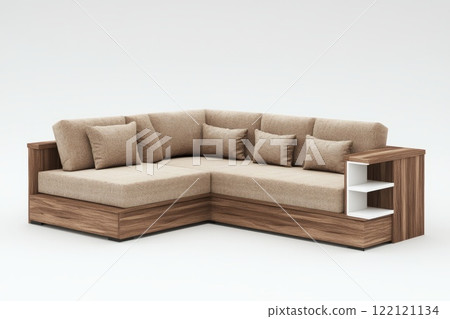 Modern corner sofa in warm beige tones with built-in white shelves for books and accessories Modern corner sofa in warm beige tones with built-in white shelves for books and accessories 122121134