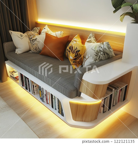 Modern corner sofa in warm beige tones with built-in white shelves for books and accessories Modern corner sofa in warm beige tones with built-in white shelves for books and accessories 122121135