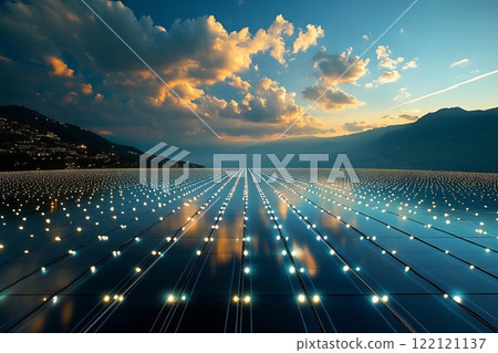 fields of solar panels reflecting bright light. Clean energy and future technologies 122121137