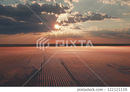 fields of solar panels reflecting bright light. Clean energy and future technologies 122121139