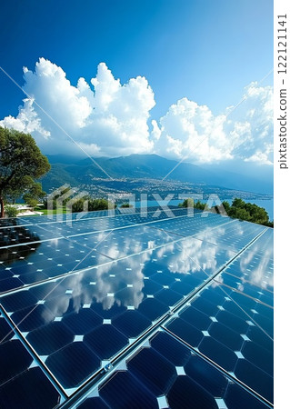 fields of solar panels reflecting bright light. Clean energy and future technologies fields of solar panels reflecting bright light. Clean energy and future technologies 122121141